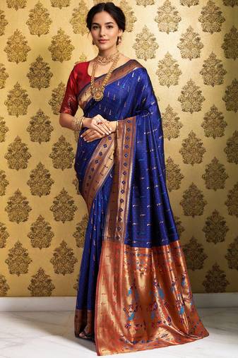 Navy blue zari woven silk blend paithani saree and unstitched blouse 