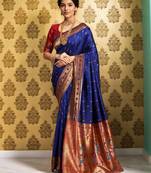 Navy blue zari woven silk blend paithani saree and unstitched blouse 