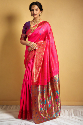 Pink zari woven silk blend paithani saree and unstitched blouse 