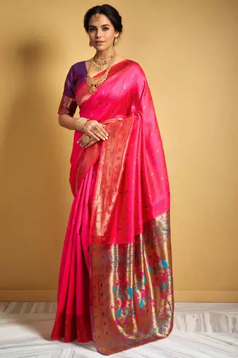 Pink zari woven silk blend paithani saree and unstitched blouse 
