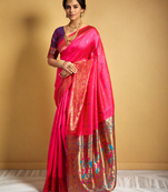 Pink zari woven silk blend paithani saree and unstitched blouse 