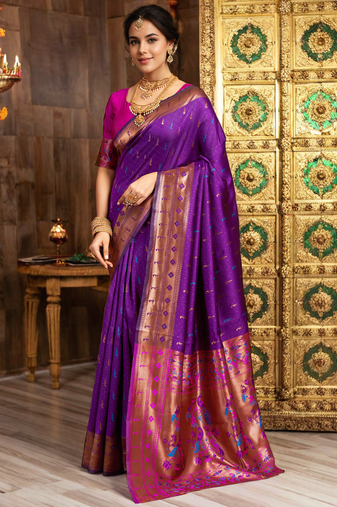 Purple zari woven silk blend paithani saree and unstitched blouse 