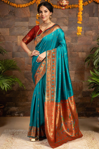 Rama zari woven silk blend paithani saree and unstitched blouse 