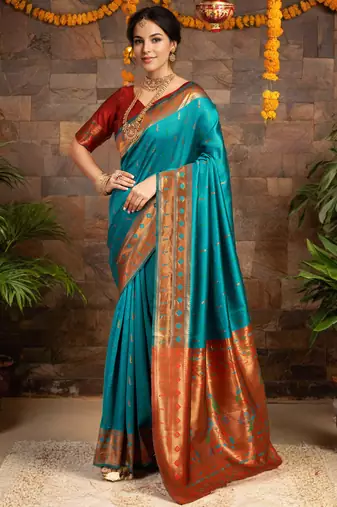 Rama zari woven silk blend paithani saree and unstitched blouse 