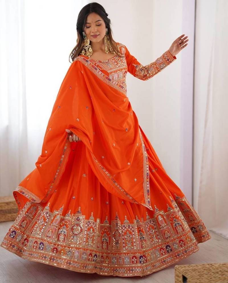 orange Traditional Embroidered Work Lehenga Choli With Dupatta