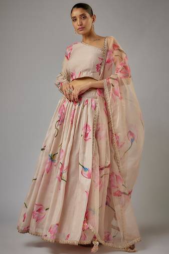 beige digital print shiney silk lehenga with unstitched blouse and organza dupatta