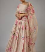 beige digital print shiney silk lehenga with unstitched blouse and organza dupatta