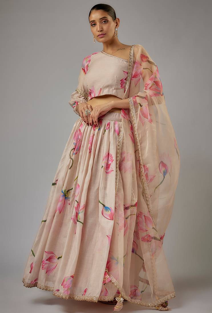 beige digital print shiney silk lehenga with unstitched blouse and organza dupatta