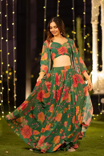  digital print georgette green multicolor lehenga choli with floral print jacket dupatta