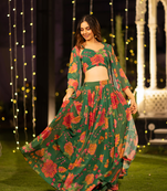  digital print georgette green multicolor lehenga choli with floral print jacket dupatta