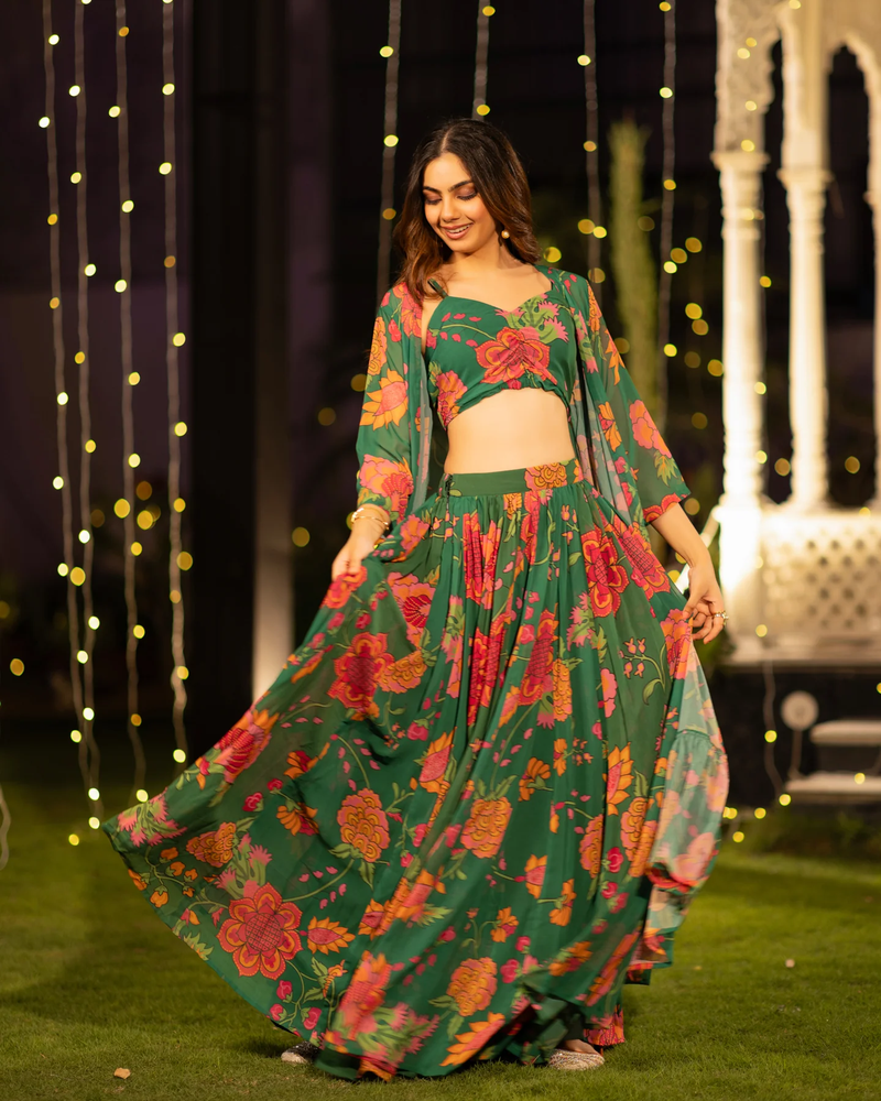  digital print georgette green multicolor lehenga choli with floral print jacket dupatta