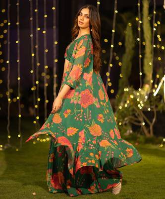  digital print georgette green multicolor lehenga choli with floral print jacket dupatta 2