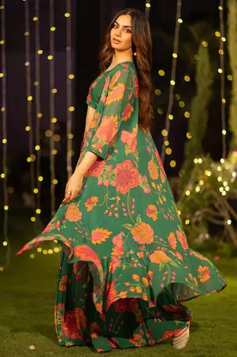  digital print georgette green multicolor lehenga choli with floral print jacket dupatta
