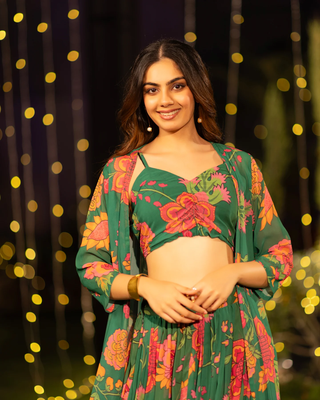  digital print georgette green multicolor lehenga choli with floral print jacket dupatta 3