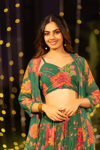  digital print georgette green multicolor lehenga choli with floral print jacket dupatta