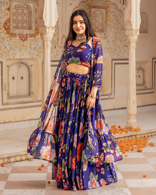  digital print georgette purple multicolor lehenga choli with floral print jacket dupatta 1