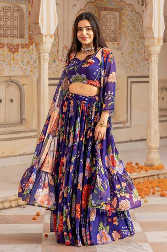  digital print georgette blue multicolor lehenga choli with floral print jacket dupatta