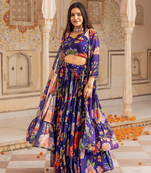  digital print georgette purple multicolor lehenga choli with floral print jacket dupatta