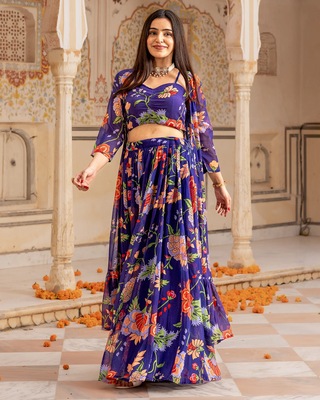 digital print georgette purple multicolor lehenga choli with floral print jacket dupatta 2