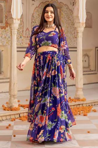  digital print georgette purple multicolor lehenga choli with floral print jacket dupatta