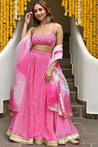 pink digital leheriya print georgette multi sequin lehenga choli with dupatta