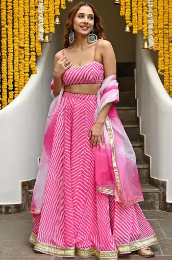 pink digital leheriya print georgette multi sequin lehenga choli with dupatta