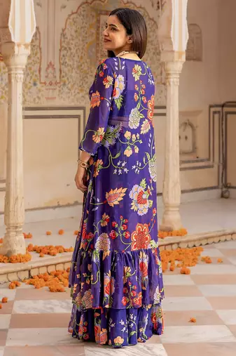  digital print georgette purple multicolor lehenga choli with floral print jacket dupatta