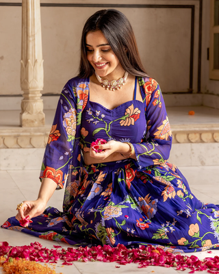  digital print georgette purple multicolor lehenga choli with floral print jacket dupatta 4