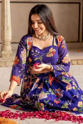  digital print georgette purple multicolor lehenga choli with floral print jacket dupatta