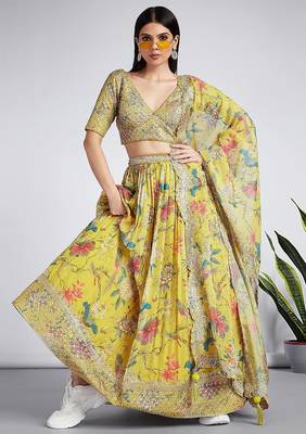 yellow digital print georgette multi sequin work lehenga choli with dupatta 1