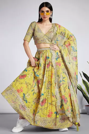 yellow digital print georgette multi sequin work lehenga choli with dupatta