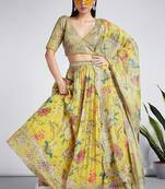 yellow digital print georgette multi sequin work lehenga choli with dupatta