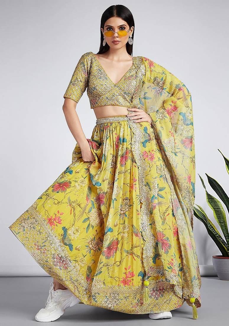 yellow digital print georgette multi sequin work lehenga choli with dupatta