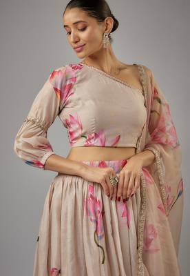 beige digital print shiney silk lehenga with unstitched blouse and organza dupatta 2