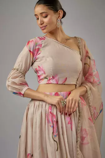 beige digital print shiney silk lehenga with unstitched blouse and organza dupatta