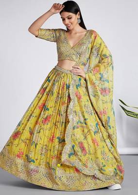 yellow digital print georgette multi sequin work lehenga choli with dupatta 2