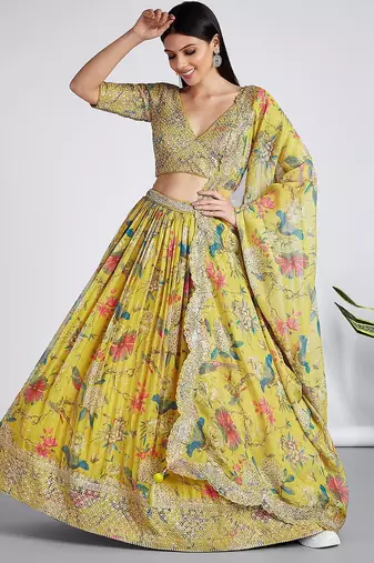 yellow digital print georgette multi sequin work lehenga choli with dupatta