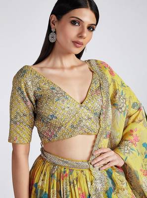 yellow digital print georgette multi sequin work lehenga choli with dupatta 3