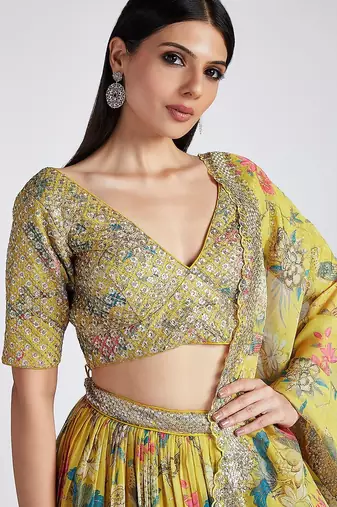 yellow digital print georgette multi sequin work lehenga choli with dupatta