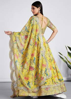 yellow digital print georgette multi sequin work lehenga choli with dupatta 4