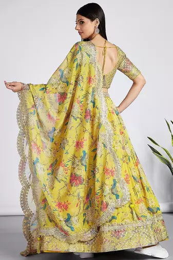 yellow digital print georgette multi sequin work lehenga choli with dupatta
