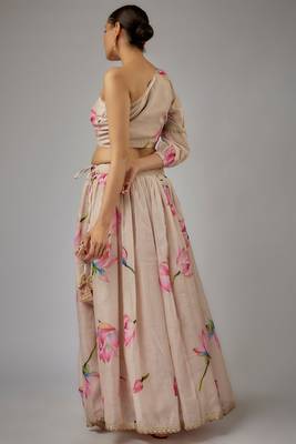 beige digital print shiney silk lehenga with unstitched blouse and organza dupatta 3