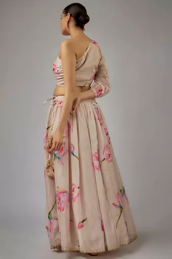 beige digital print shiney silk lehenga with unstitched blouse and organza dupatta