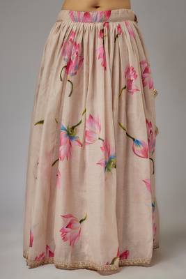 beige digital print shiney silk lehenga with unstitched blouse and organza dupatta 4