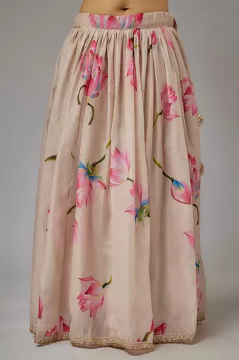 beige digital print shiney silk lehenga with unstitched blouse and organza dupatta