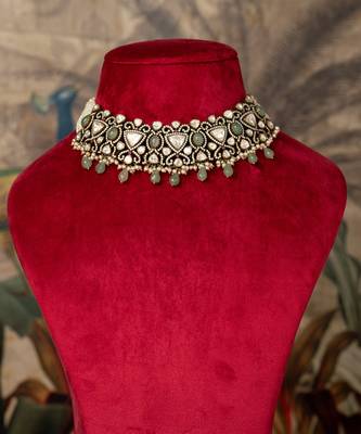 Gold plated  green beads kundan necklace in sterling silver 1