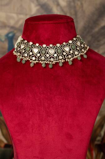 Gold plated  green beads kundan necklace in sterling silver