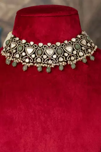 Gold plated  green beads kundan necklace in sterling silver
