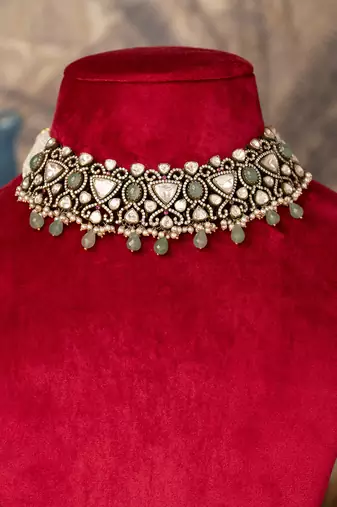 Gold plated  green beads kundan necklace in sterling silver