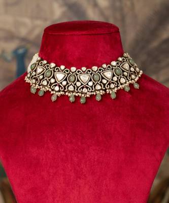 Gold plated  green beads kundan necklace in sterling silver 5
